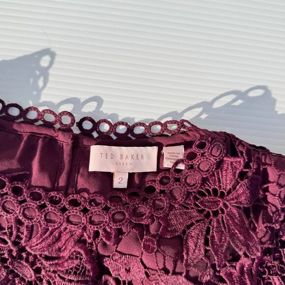 Ted Baker Zania Ruffle Mixed Lace Blouse Maroon Women’s 2 US6 Romantic Coquette - Picture 11 of 16